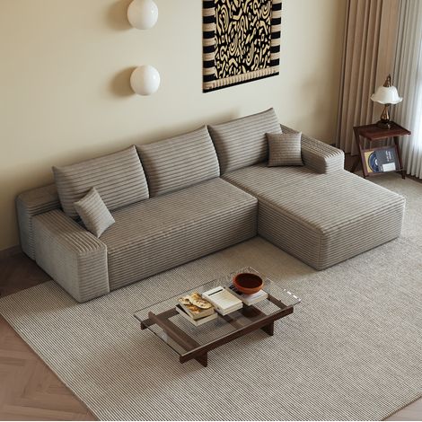 Divano angolare modulare 270 cm color cammello in tessuto effetto corda, chaise longue reversibile e senza montaggio (1/5)