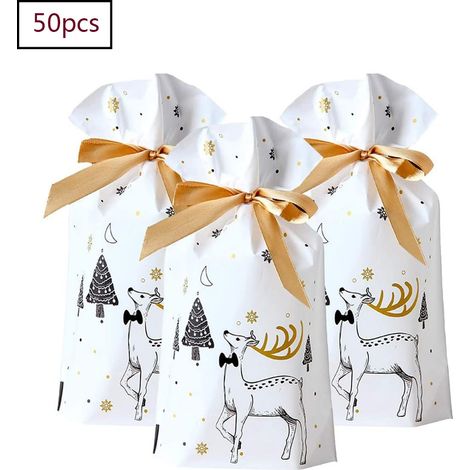 Sac Cadeau Noël - Sac Emballage Cadeau avec Cordon et Ruban - 23 x 15 cm - 50 Pièces (1/5)