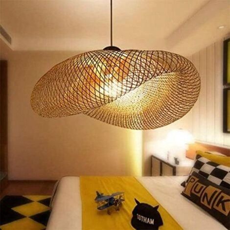 SVKBJROY Suspension Lampe Pendentif Tissage Vintage Lampe Bambou Et Rotin Naturel Tissé Suspendu Creative Nostalgique Réglable E27 Bamboo Lampes Suspendues Lustre Tea Chambre Salon Café 40CM (1/5)