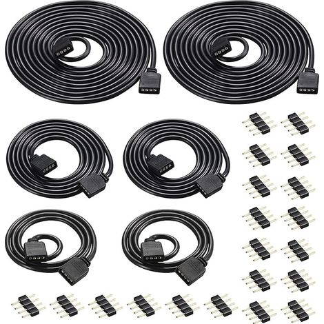 6pcs 0,5m/1m/2m Câble d'extension Bande LED RGB Rallonge de Ruban LED Extension Cable 4 Broches Extenseur Câble Stripe LED Connector, Connecteur pour SMD 5050 3528 2835 RGB LED Strip, Noir