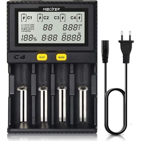Chargeur de Batterie Universel, Smart Chargeur Universel 4 Baies, Écran LCD Automatique, Charge Rapide Rechargeable Li-ION LiFePO4 Ni-MH Ni-CD AA AAA C 18350 18500 18700 20700 21700 26650 (1/5)