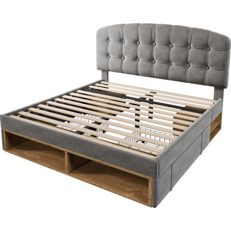 Lit double 140x200 rembourré en velours gris avec sommier à lattes, cadre de lit avec tête de lit courbée réglable en hauteur, lit avec tiroirs et rangements, lit rembourré de chambre sans matelas (1/5)