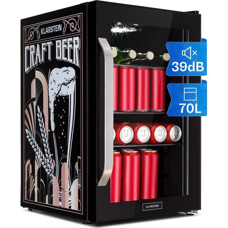 Klarstein Kühlschrank 70L, Kleiner Kühlschrank mit Herausnehmbaren Ablagen, Leiser Mini Kühlschrank mit Glastür & LED, Getränkekühlschrank Klein, Outdoor Geeignet, Biersafe für Flaschen, 0-10°C