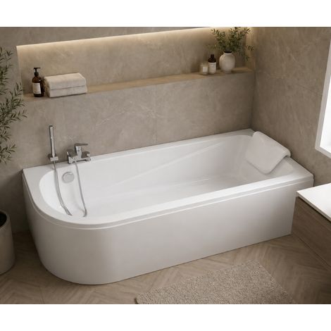 Baignoire d'angle asymétrique droite 170 x 75 cm - blanc - sans tablier, pieds, vidage chrome, repose - tête - OASIS (1/4)