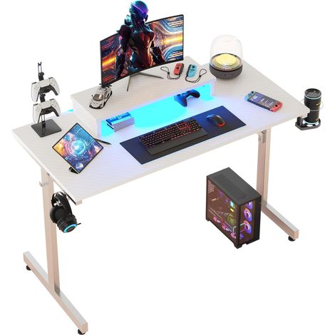 Bureau gamer LED 106 cm – Support moniteur avec éclairage RGB – Structure acier T pour stabilité – Porte-gobelet et crochets inclus