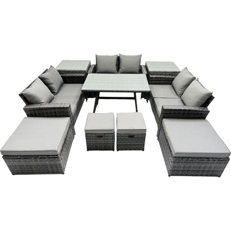Fimous 10 Seater Wicker PE Rattan Furniture Outdoor Dining Table Double Seat Sofa 4 Stools 2 Side Table Set Dark Grey Mixed (1/5)
