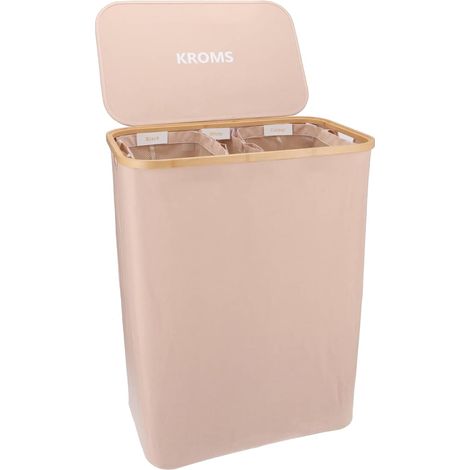 1 Panier à linge 3 compartiments, Bambou, Pliable, 160L, Sacs amovibles, Buanderie (1/5)