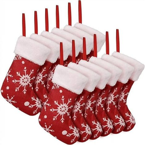 Lot de 12 chaussettes de Noël classiques. Décorations de sapin rouges à suspendre avec flocons de neige blancs, idéales pour les fêtes de fin d'année (petite taille : 25,4 cm) (1/4)