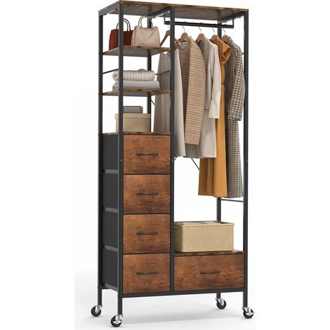 HOKEEPER Portant à vêtements mobile avec tiroirs, veinage du bois
