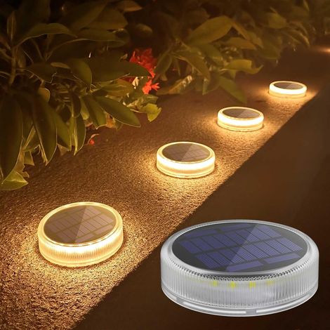 Lampe Solaire Exterieur, Lot de 4 Lumiere Extérieur Terrasse Sol LED Blanc Chaud 2700K, Lumière toute la nuit, Éclairage étanche pour Chemins Marches de Jardin Escalier Allée, Rond (1/5)