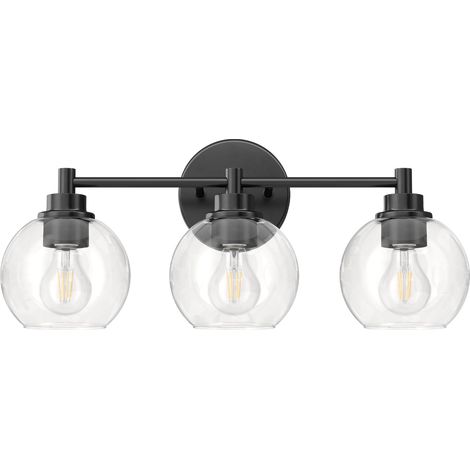 Luminaires de salle de bain, 3 lampes au-dessus d'un miroir, avec abat-jour en verre globe et douilles E27, noir, sans ampoule (1/5)