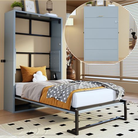 Cama plegable de pared de metal gris y MDF, 90x200 cm, con cierre de pared.