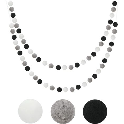Guirlande Pompon Feutre - 2 Pièces de 2 m Chaque - 48 Boules de 2 cm - Décoration Intérieure Extérieure pour Noël Mariage Anniversaire - Gris Noir Blanc