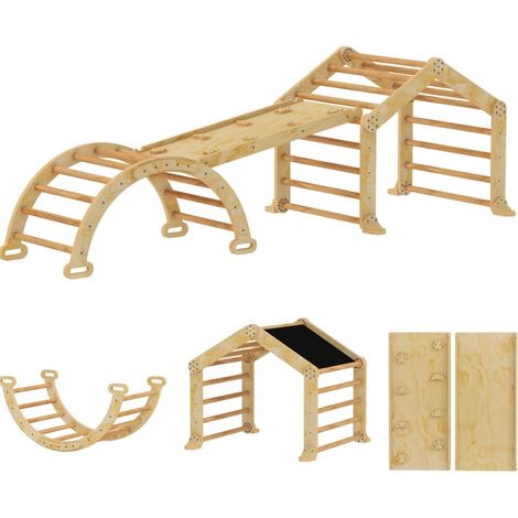 Structure d'escalade intérieure 9-en-1 en bois avec toboggan, tableau et balançoire pour tout-petits (1/5)