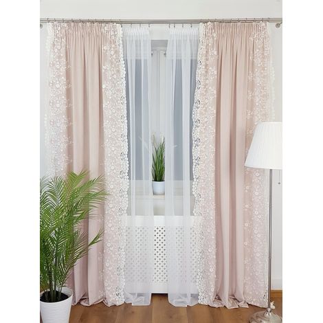 Tenda in velluto rosa chiaro con ricami floreali bianchi, 135x250 cm, con nastro. (1/5)