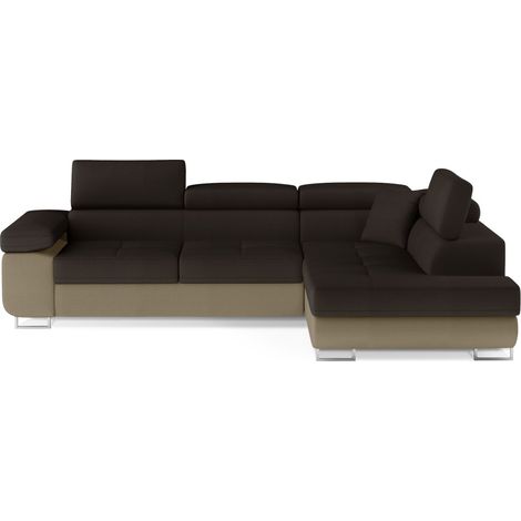 Canapé d'angle convertible MENTON marron chocolat et beige – Angle droit avec coffre