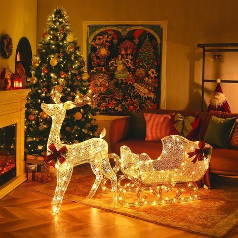 Décoration de Noël pré-illuminée avec renne et traîneau, 215 ampoules blanc chaud, piquets et attaches inclus. (1/5)