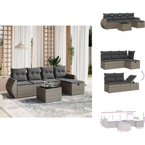 6-tlg. Garten-Sofagarnitur mit Kissen Grau Poly Rattan - Gartenmöbel - Outdoor-Möbel - Rattanmöbel - Esstischgarnituren - Lounge Set (1/4)
