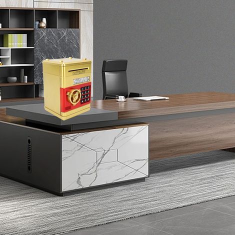 Caja fuerte electrónica para niños con cerradura de combinación, dial automático y efectos de sonido y luz. Caja de plástico color dorado para monedas y billetes. Pilas no incluidas. (1/5)