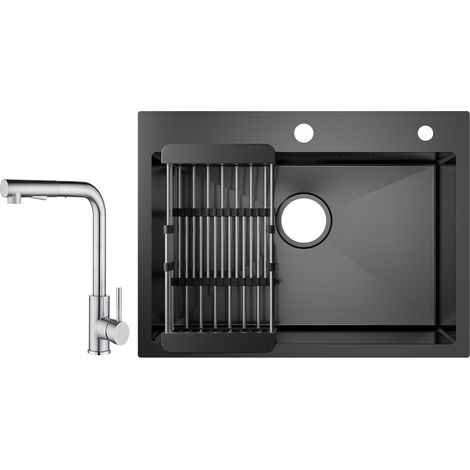 Cecipa Évier 1 Bac Inox avec Panier de Drainage - Évier de Cuisine Noir 60×45×18 cm + Mitigeur Cuisine avec Douchette Extractible - 2 Jets aux Choix - Brossé (1/5)
