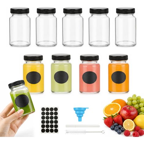Mini Bouteilles en Verre 60ml 10 Pièces avec Couvercle, Petites Bouteilles à Remplir, Kit avec Entonnoir, Brosse, Stylo et Étiquettes, Petits Pots pour Fruits, Sauces, Confiture (1/5)