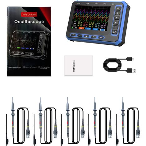 5-Kanal-Digitaloszilloskop, 1 MHz Bandbreite, 4,3"-IPS-Bildschirm, USB-C-Anschluss, eingebauter Akku