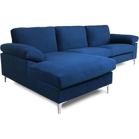 Concept-Usine – Canapé d'angle gauche 4-5 places en velours bleu – Largeur 262cm – Design contemporain – Confort optimal avec coussins épais