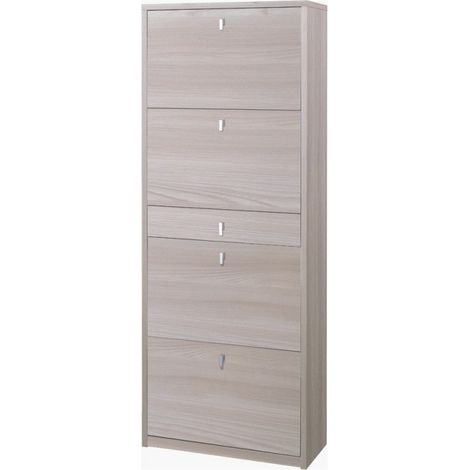 Étagère à chaussures 4 portes, 1 tiroir, 63L x 29P x H164 cm, finition orme clair, Sarmog (1/3)