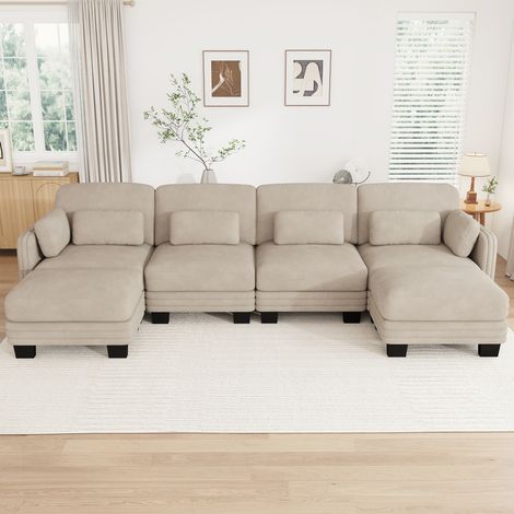 Canapé modulable en U 4 places 330x143x88cm avec 2 poufs, assise large et profonde, design ergonomique, cadre en bois massif, chenille marron clair (1/5)
