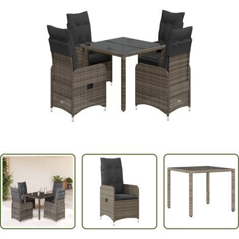 vidaXL Gartenstuhl - 5-tlg. Garten-Bistro-Set mit Kissen Grau Poly Rattan (1/5)