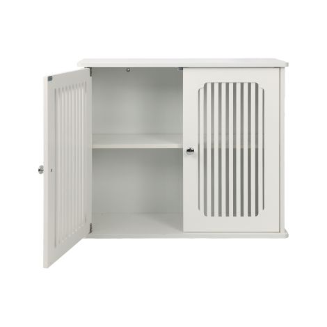 Armoire murale de salle de bain, armoire murale de salle de bain à double porte et façade à lattes, armoire à pharmacie pratique, armoire de rangement murale pour la maison, blanche. (1/5)