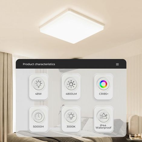 Plafonnier LED UFO Panel: 30CM 48W Carré Lampes de Plafond Moderne 3000K, 4800LM Luminaire Plafonnier Étanche IP44 pour Chambre, Salle De Bain, Salon, Cuisine, Bureau [Classe énergétique E]