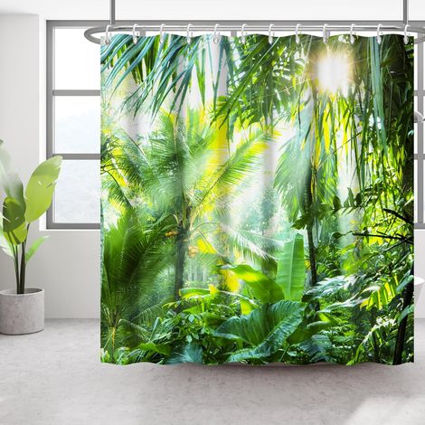 180x200cm Tropical Botanique Rideau De Douche 3D Scène D'été Bananier Salle De Bains Rideau Palmier Chaud Soleil Rideaux De Douche Vert Forêt Tropicale Plante (1/5)