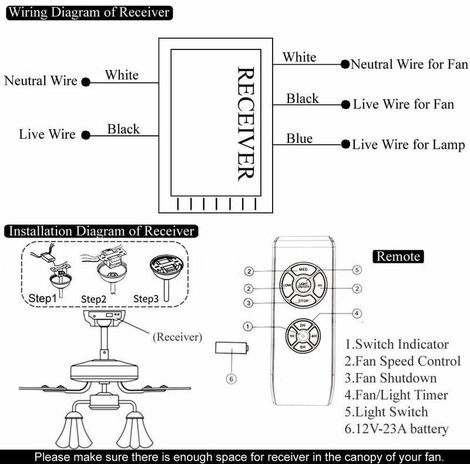 Telecommande pour ventilateur de plafond, radio-pilotée telecommande,contrôleur de ventilateur, 3 vitesses, 4 minuteries(1 ensemble) (1/4)