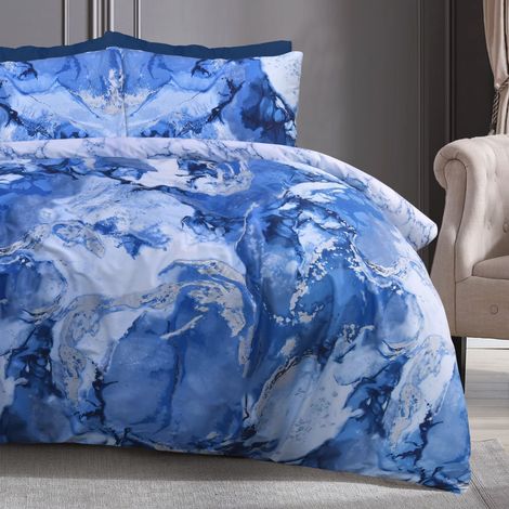 Parure de lit réversible avec Housse de Couette et taie d'oreiller Motif marbre métallique Scintillant Bleu argenté pour lit Simple 135 x 200 cm (1/5)