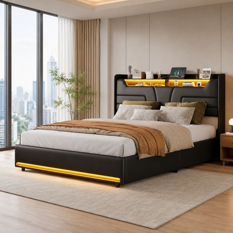 Lit coffre 140 x 190 avec bande LED réglable et port USB - Lit adulte double avec Tête de lit avec rangement - PU Noir - Design minimaliste moderne (1/5)