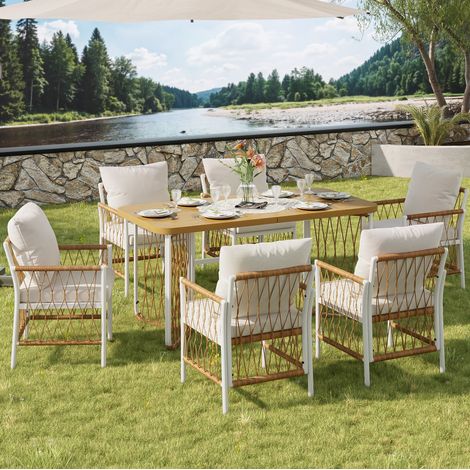 Conjunto de jardín: 1 mesa y 6 sillas, metal blanco y ratán DESVIAE (1/5)