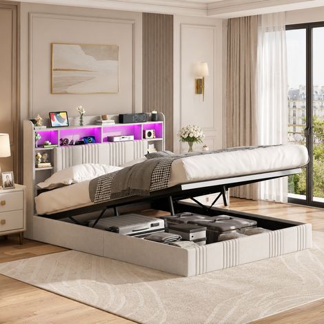 Lit coffre 140×200 cm,lumière LED et port USB,lit double,rangement hydraulique,lit capitonné,tête de lit avec rangement,cadre de lit 140×200,style moderne,sommier à lattes,lit adultes,Lin,Beige (1/5)