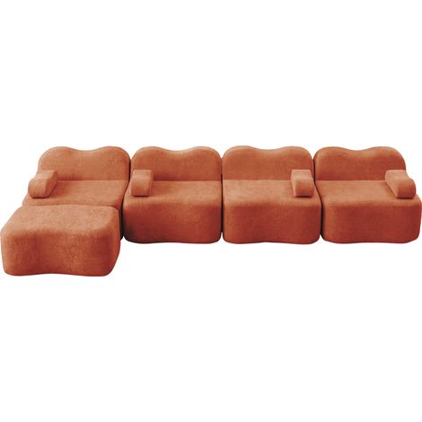 ELVMI Sofá esquinero modular 4 plazas con otomana y cojín de reposabrazos en terciopelo naranja (1/5)