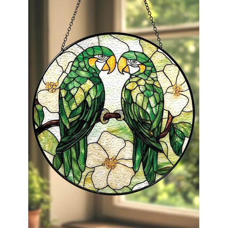 Buntglas-Sonnenfänger mit einem Papageienpaar, 9 cm, tropische Fensterdekoration (1/5)
