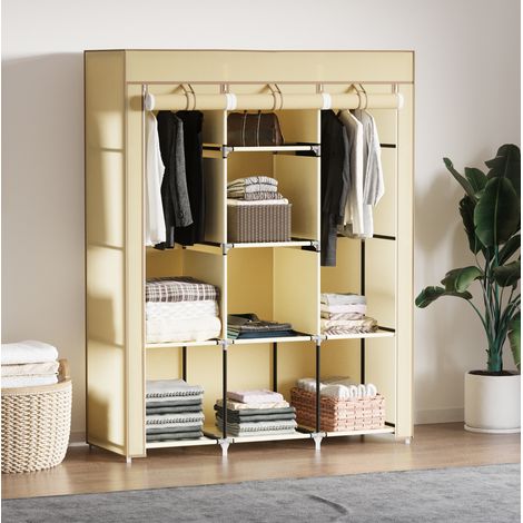 Armadio in Tessuto Beige 125x43x162,5 cm con 2 Aste e 8 Ripiani, Struttura Acciaio (1/5)