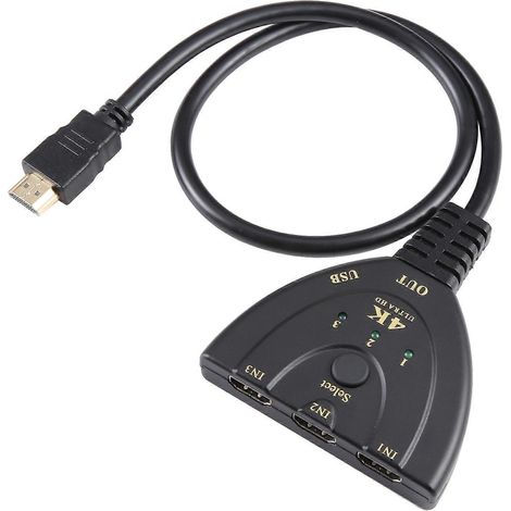 Commutateur HDMI 4K 30 Hz 3x1 avec câble HDMI et prise en charge de l'alimentation externe. (1/4)