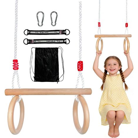 Trapèze Balançoire, Bois Balancoire Exterieur avec Anneaux Gymnastique Multifonction 2 en 1 Balancoire Capacité de Charge Maximale 100 Kg Longueur de Corde Réglable (1/5)