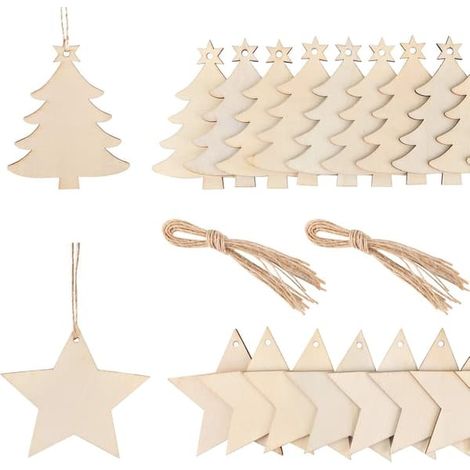 40 décorations de Noël en bois à suspendre, ornements en forme d'étoile pour sapin de Noël, rondelles de bois pour loisirs créatifs, compatibles avec les décorations à suspendre. (1/4)