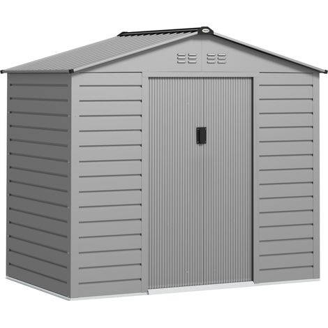 Cobertizo metálico galvanizado gris 213 x 131 x 192 cm con techo a dos aguas y puerta corredera (1/5)