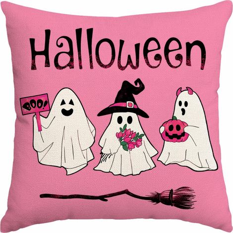Lot de 2 housses de coussin roses pour Halloween, avec motifs fantômes, sorcières, citrouilles et balais, en lin, pour une déco de canapé effrayante. (1/5)