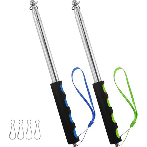 Asta telescopica da 2 m, confezione da 2, asta telescopica in acciaio inossidabile con 4 clip, ganci, allungabile per viaggi, campeggio, guide, insegnanti (blu e verde) (1/5)