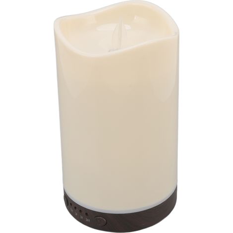 Diffuseur d'huiles essentielles en forme de bougie brumissière, avec lumière colorée et design en bois veiné. Compatible avec les prises UE 100-240 V.