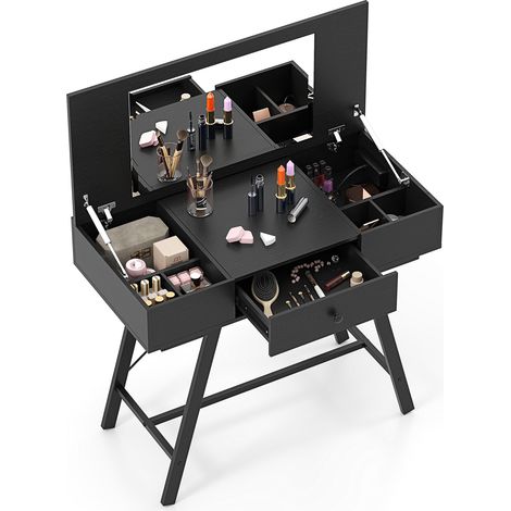 Coiffeuse noire 2-en-1 avec miroir rabattable et 6 compartiments, tiroir et station de charge pour chambre, dressing et salon