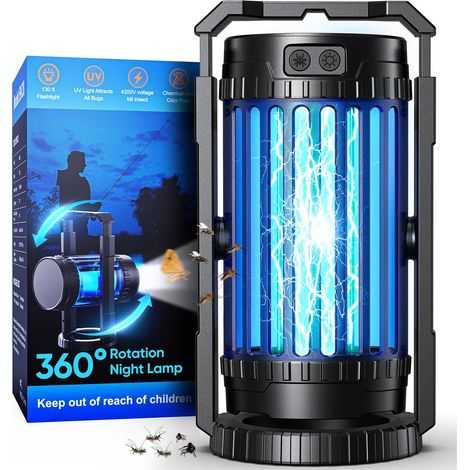 Destructeur d'insectes électrique 4 en 1 rechargeable 5000 mAh pour l'intérieur et l'extérieur, avec lampe intégrée. Idéal pour les terrasses, le camping, le jardin et la pêche.